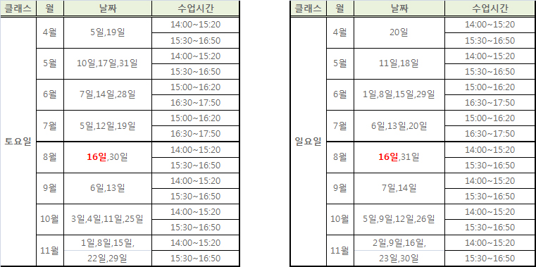 월드컵경기장 보조구장 수업일정